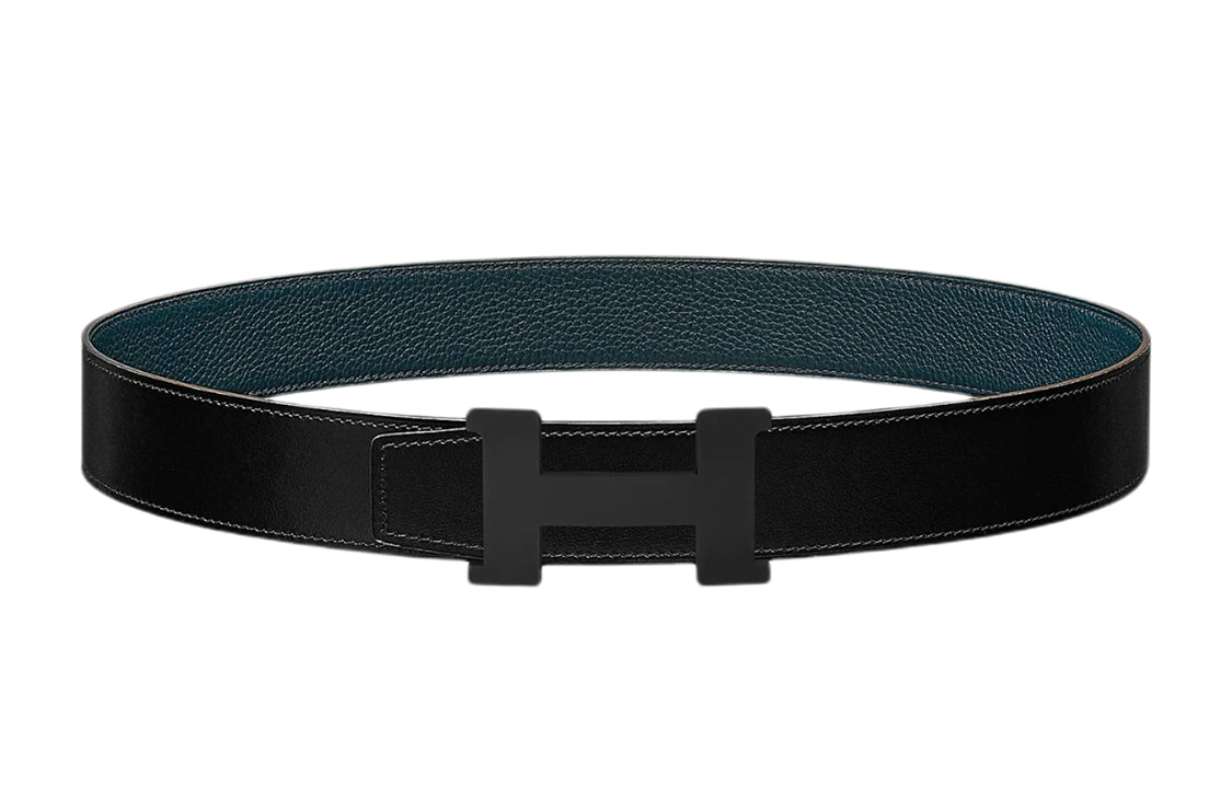 HERMES Togo Calfskin Double-Sided Belt Leather Belts Unisex Black/Blue Width: 3.8cm