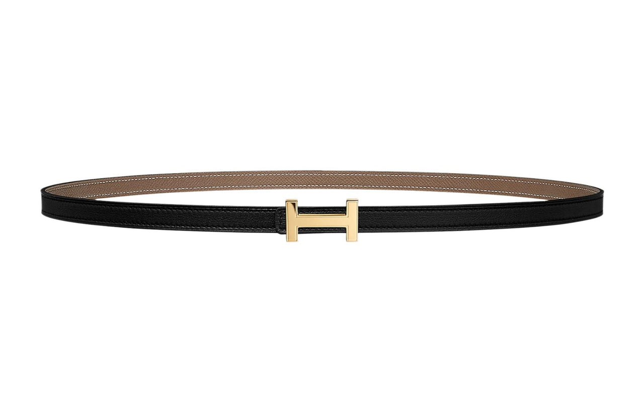 HERMES Letter H Gold Buckle Epsom Calfskin Double Sided Leather Belt Women's Black Width 1.3cm