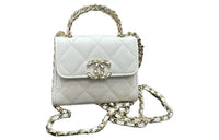 CHANEL 23P SS Embossed Shiny Cow Leather Handbag Shoulder Bag Crossbody Bag Small Size Women's White