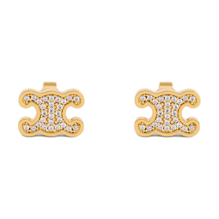 CELINE Triomphe Rhinestone Studs In Strass And Brass With Gold Finish