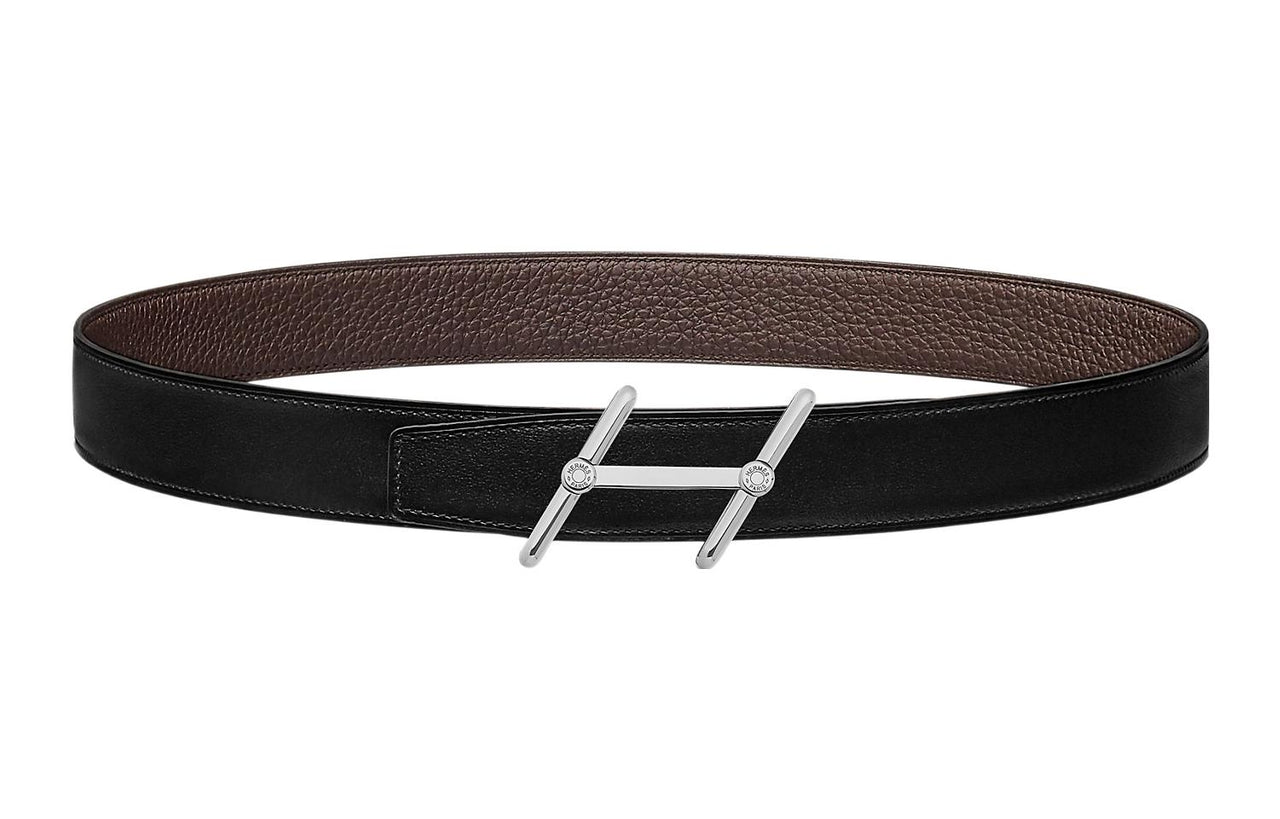 HERMES New Sports Silver Buckle Togo Calfskin Belt Men's Black Width: 3.2cm