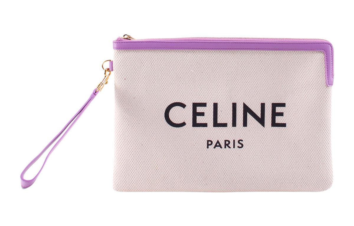 CELINE Canvas Canvas Bag Clutches Women's White & Fuchsia Trim