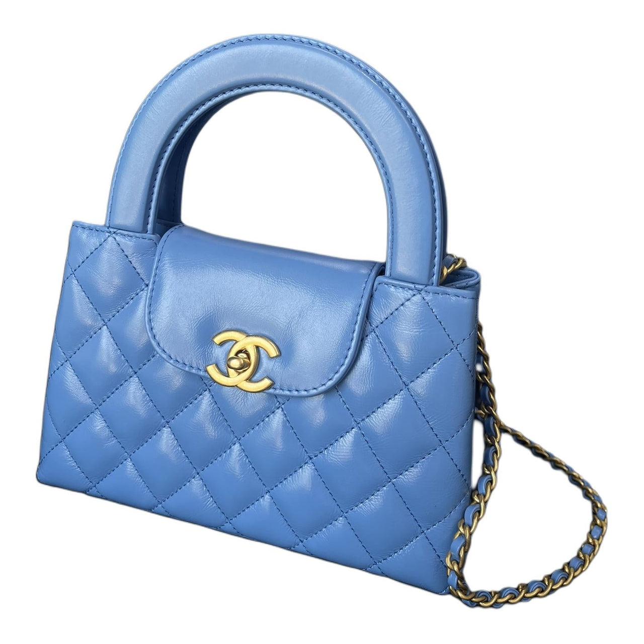 CHANEL Shiny Calfskin Handbag Shoulder Bag Crossbody Bag Mini Women's Blue