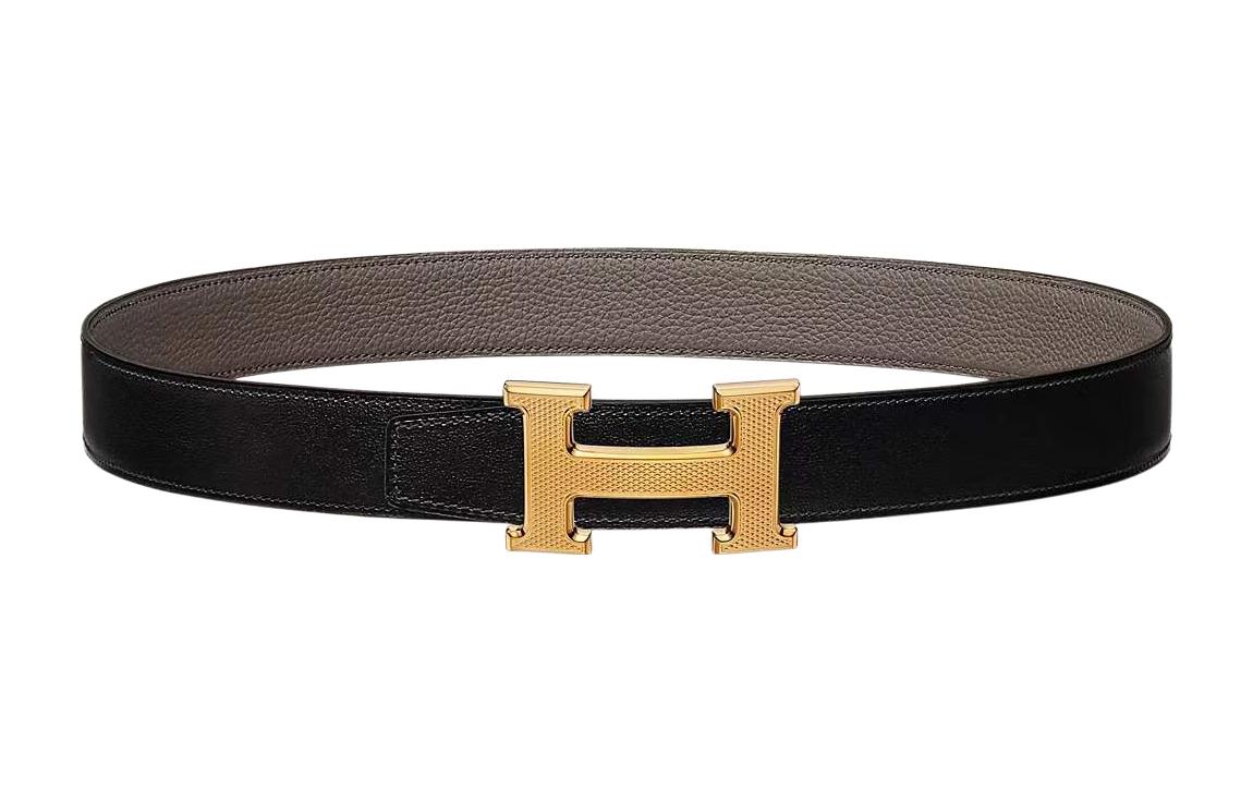 HERMES Togo Calfskin Belt Leather Belts Men's Black/Tin Gray Width: 3.2cm