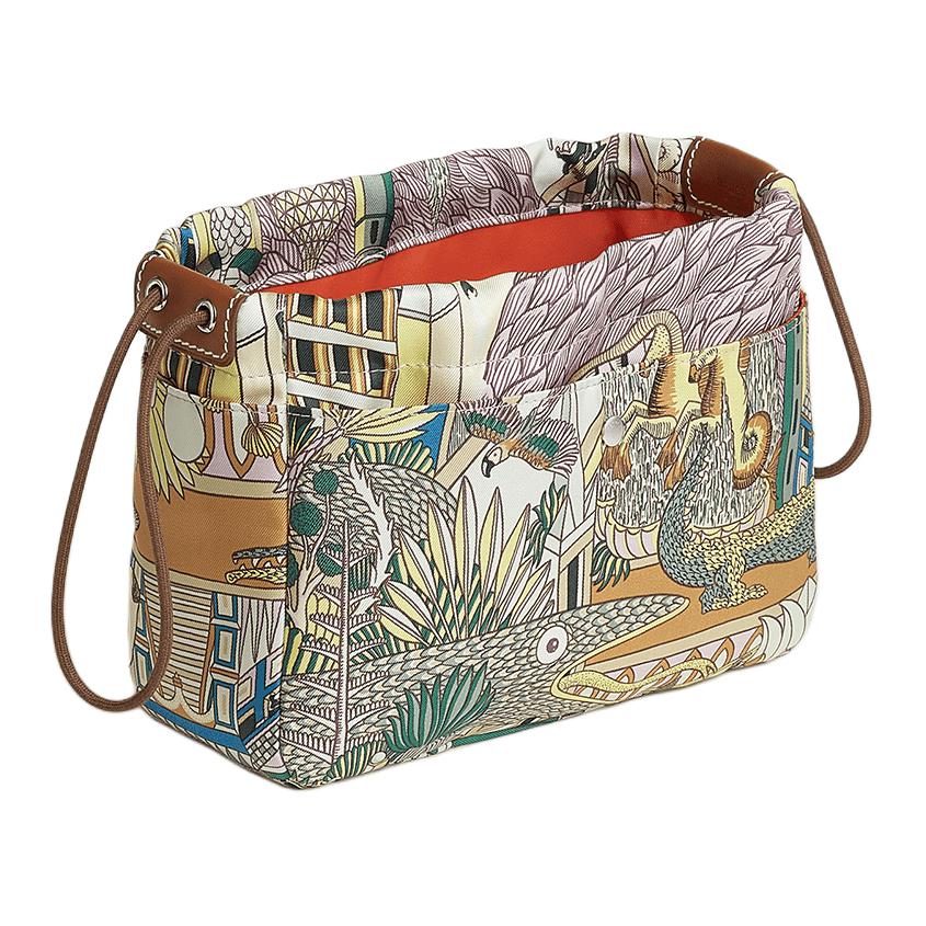 HERMES Silk With Barenia Calfskin Clutch Women's Light Purple & Light Green & Light Tawny