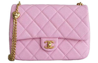 CHANEL 23P SS Grain Embossed Cow Leather Square Fatty Shoulder Bag Crossbody Bag Large Size Women's Pink
