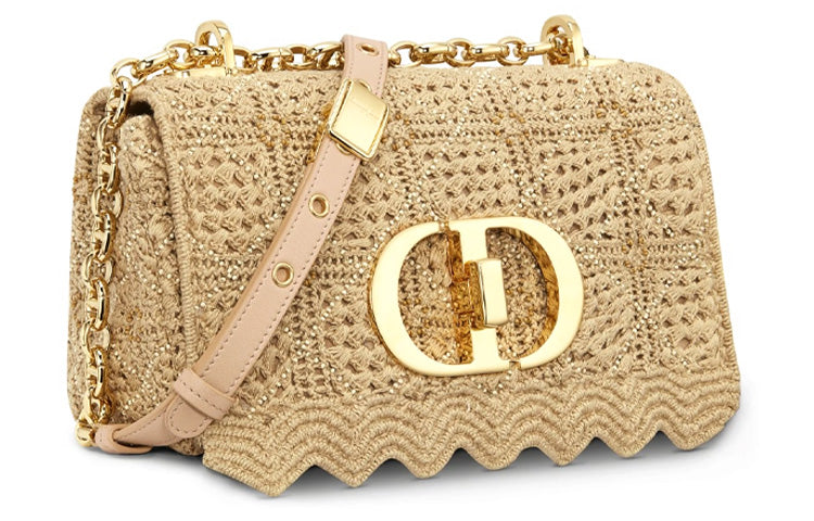 DIOR Caro Cotton Shoulder Bag Crossbody Bag Medium Size Women's Gold