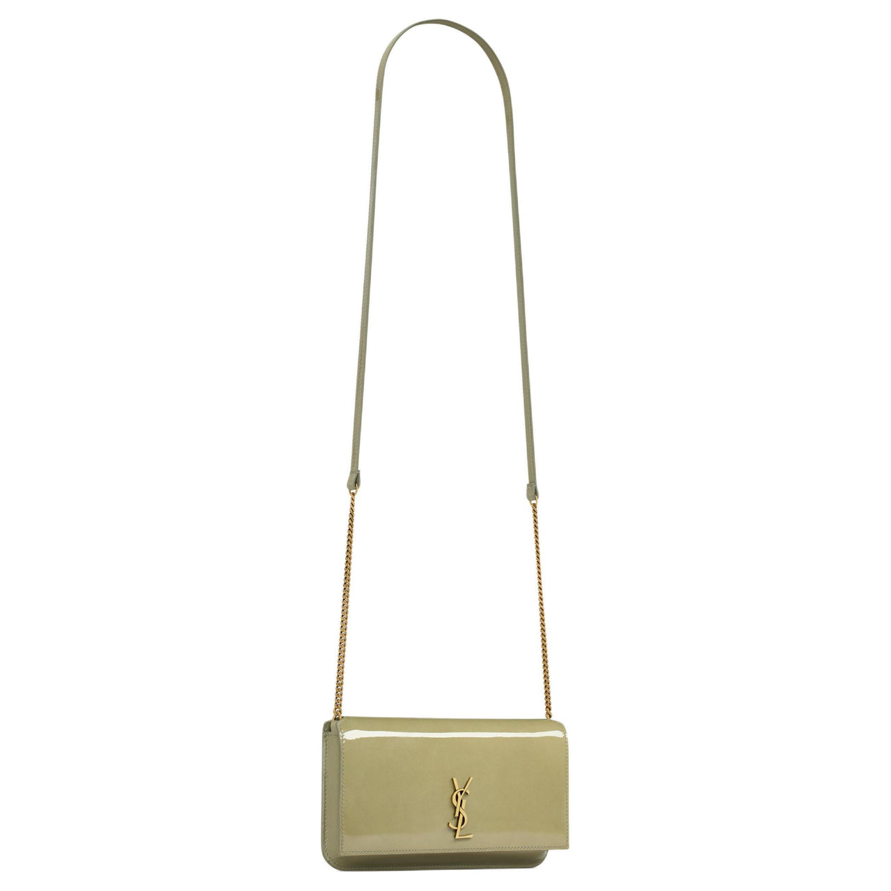 SAINT LAURENT CASSANDRE Patent Leather Crossbody Bag, Shoulder Bag Women's Soft Sage Green