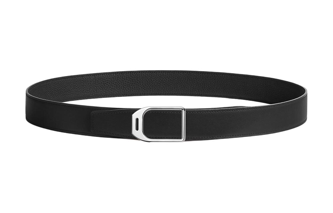 HERMES Calfskin Leather Belts Men's Black Width: 3.2cm