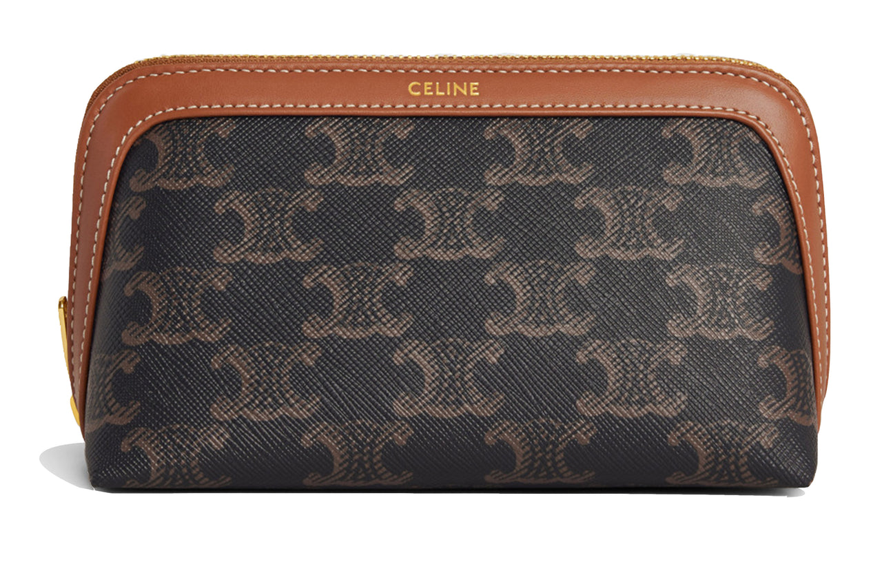 CELINE Triomphe Cow Leather Makeup Bag Small Size Women's Tawny