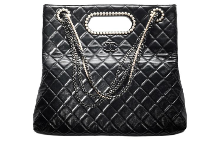 CHANEL Shiny Lambskin Tote Bag Shopping Bag Shoulder Bag Crossbody Bag Handbag Regular Women's Black