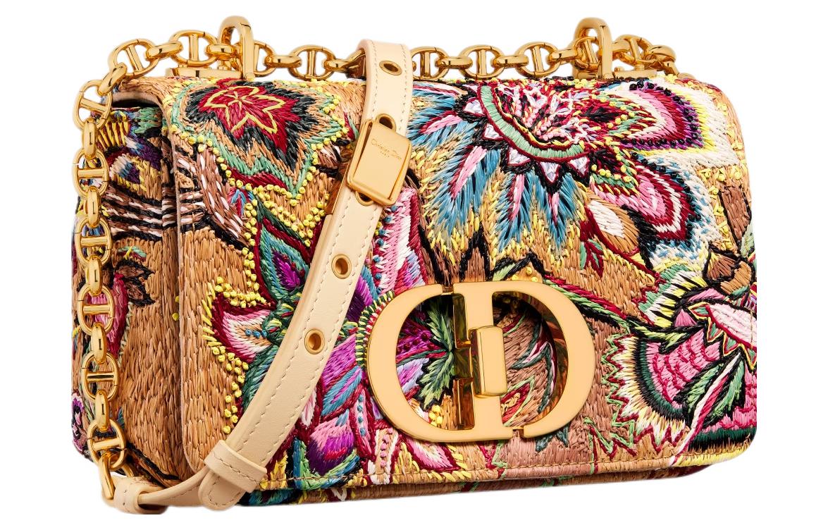 DIOR Caro Embroidered Raffia Crossbody Bag Shoulder Bag Women's Brown & Multicolor