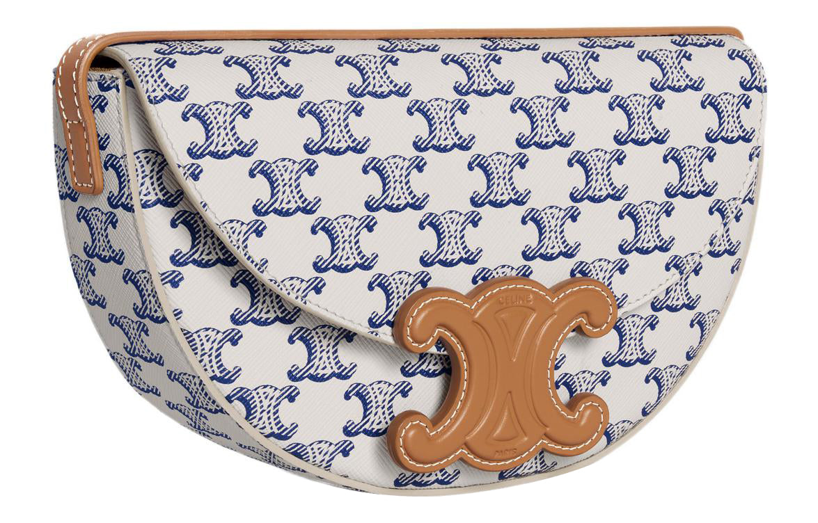 CELINE BesaceCuir Triomphe Canvas-paneled Calfskin Trim Saddle Bag Crossbody Shoulder Bag Women's Blue/White
