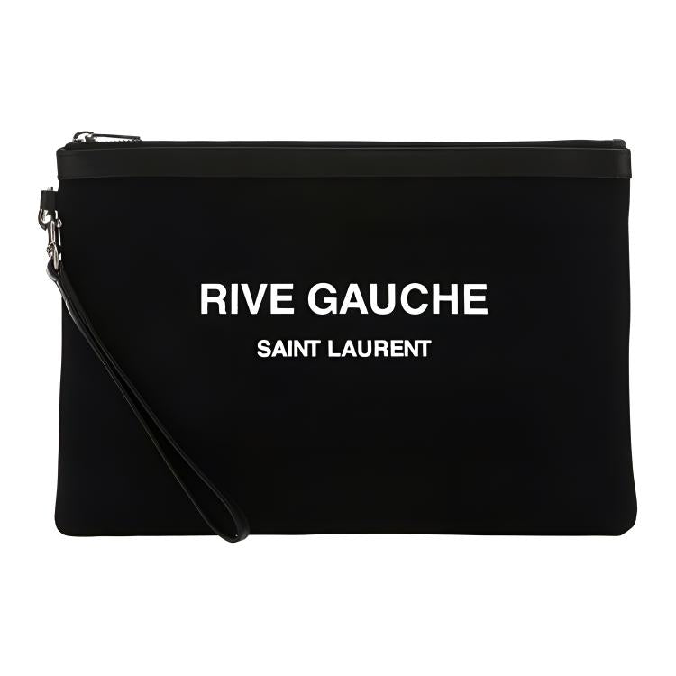 SAINT LAURENT Rive Gauche Cotton With Leather Canvas Bag Wristband Clutch Unisex Black