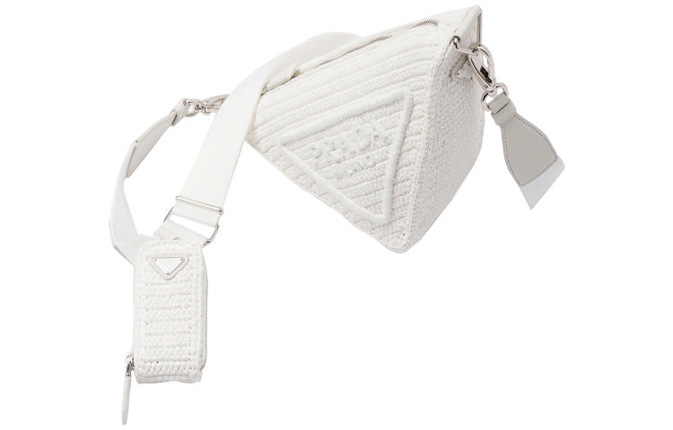 PRADA Triangle Straw Woven With Wicker Woven And Raffia Fiber Shoulder Bag Crossbody Bag Women's White