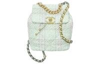 CHANEL 19Bag Twill Velvet Backpack Women's Green With Pink And Turkish Blue Accents