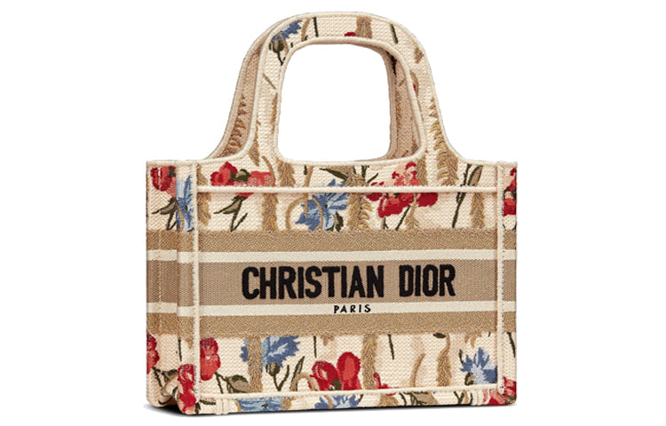 DIOR BookTote Embroidery Canvas Tote Bag Shopping Bag Handbag Mini Women's Multicolor/Beige