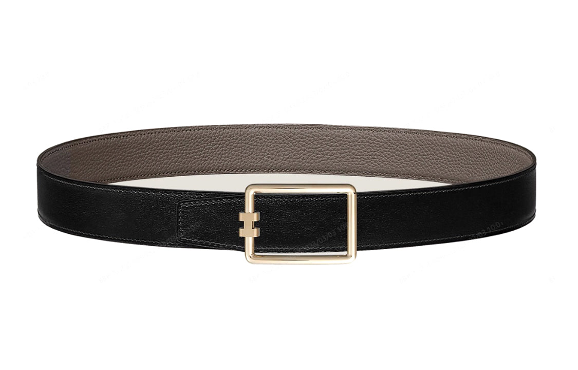 HERMES Gold Thread Lined Logo Buckle Togo Calfskin Double-Sided Leather Belt Men's Black Width: 3.2cm