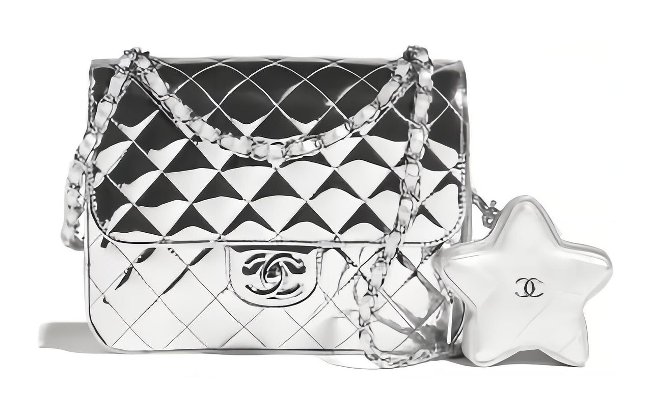 CHANEL Mirror Finish Calfskin Gold Logo Backpack Women's Silver