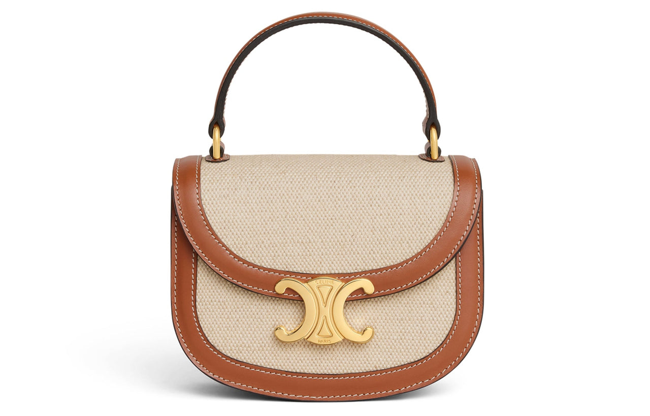 CELINE BesaceTriomphe Fabric With Calfskin Shoulder Bag, Crossbody Bag, Handbag Mini Women's Beige/Tan