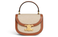CELINE BesaceTriomphe Fabric With Calfskin Shoulder Bag, Crossbody Bag, Handbag Mini Women's Beige/Tan