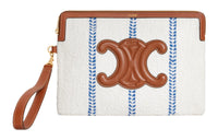 CELINE Triomphe Fabric With Calfskin Clutch Regular Women's White/Blue/Brown