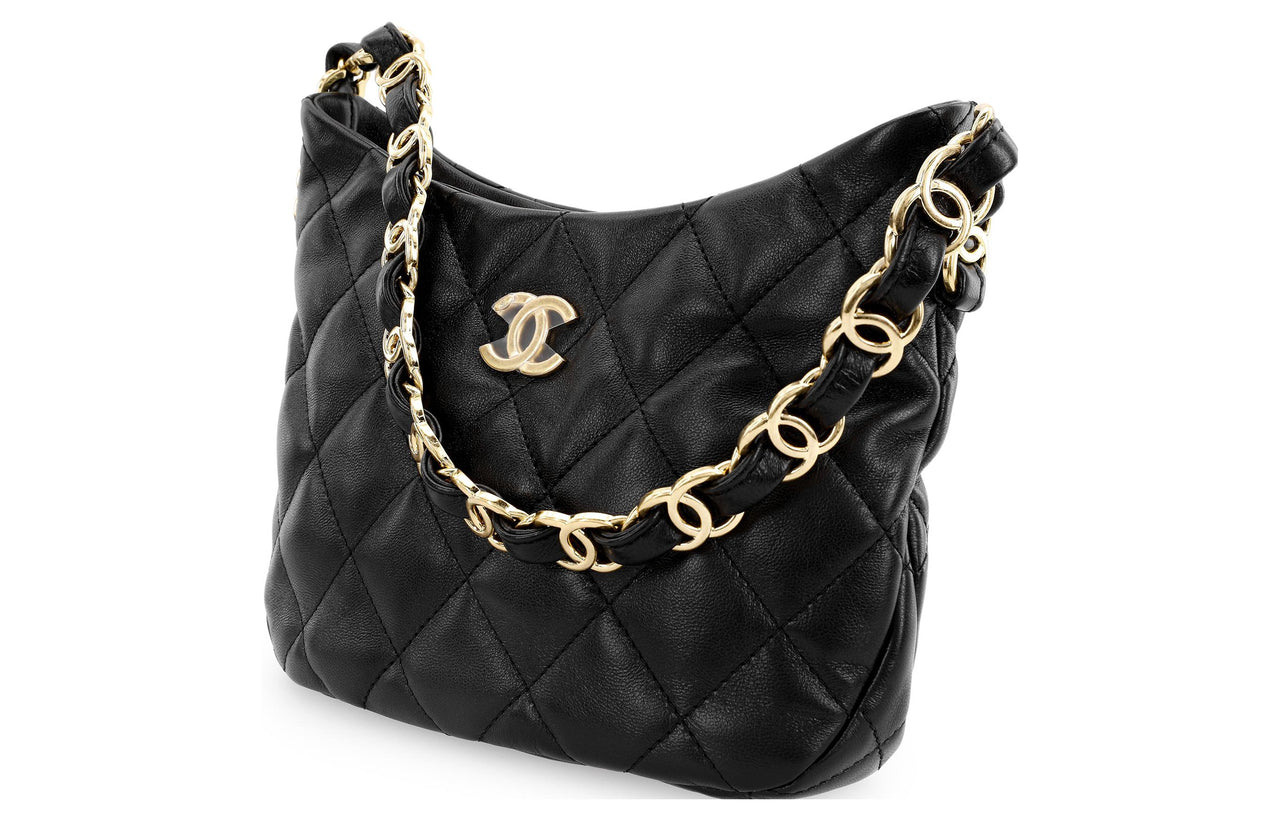CHANEL 22K Autumn And Winter Sheepskin With Gold Metal Hobo Bag Shoulder Bag Satchel Shoulder Bag Handbag Women's Black