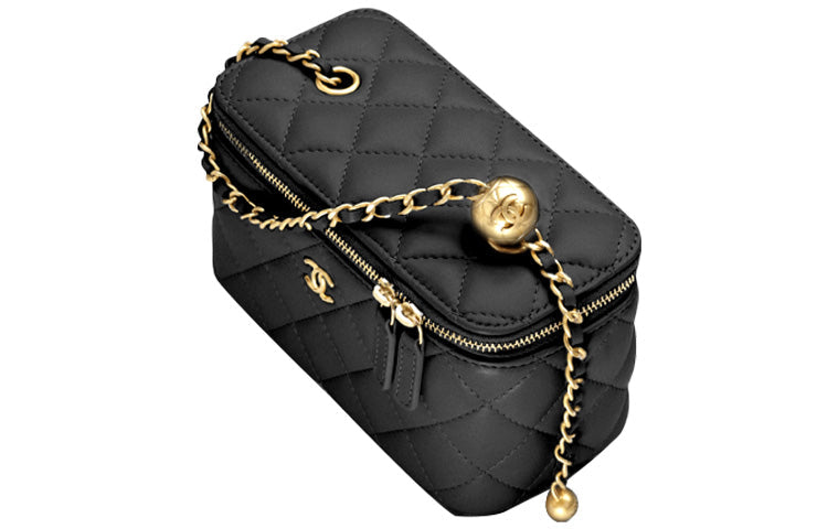 CHANEL Little Golden Ball Sheepskin Clutch Long Box Bag Shoulder Bag Crossbody Bag With Mirror Women's Black