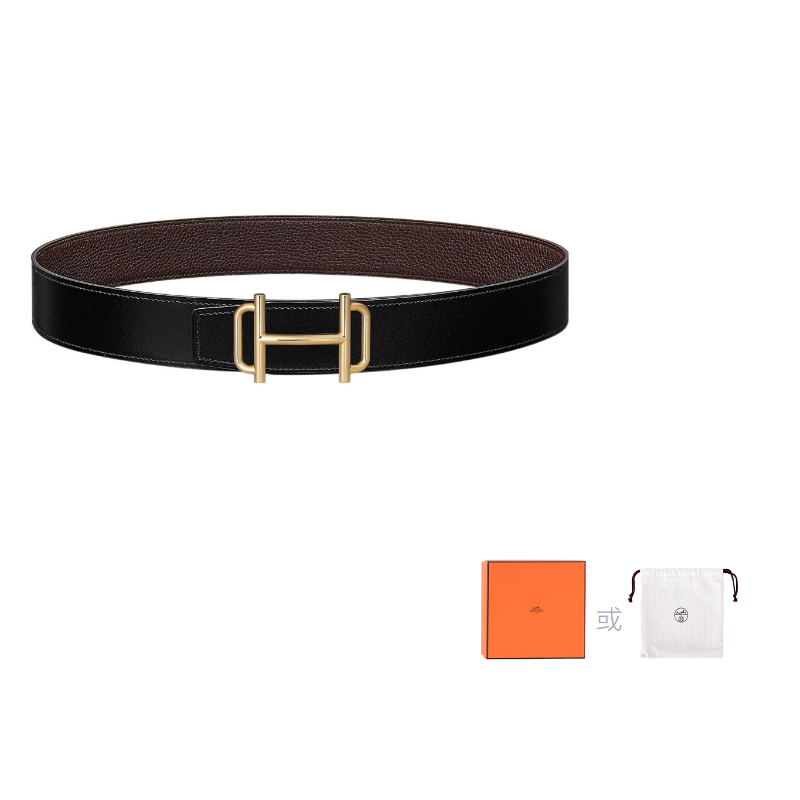 HERMES Togo Calfskin Double-Sided Leather Belt Leather Belts Men's Black Width: 3.8cm