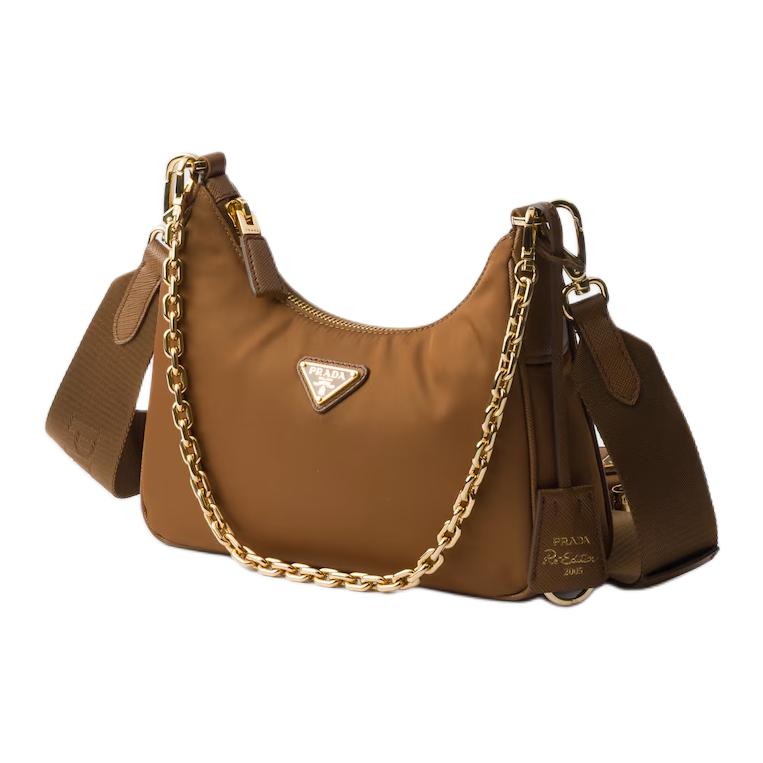PRADA Re Edition Recycled Nylon With Cow Leather Shoulder Bag Women's Brandy