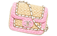CHANEL Raffia Fiber Mixed Lambskin Flap Shoulder Crossbody Bag Mini Women's Pink/Beige