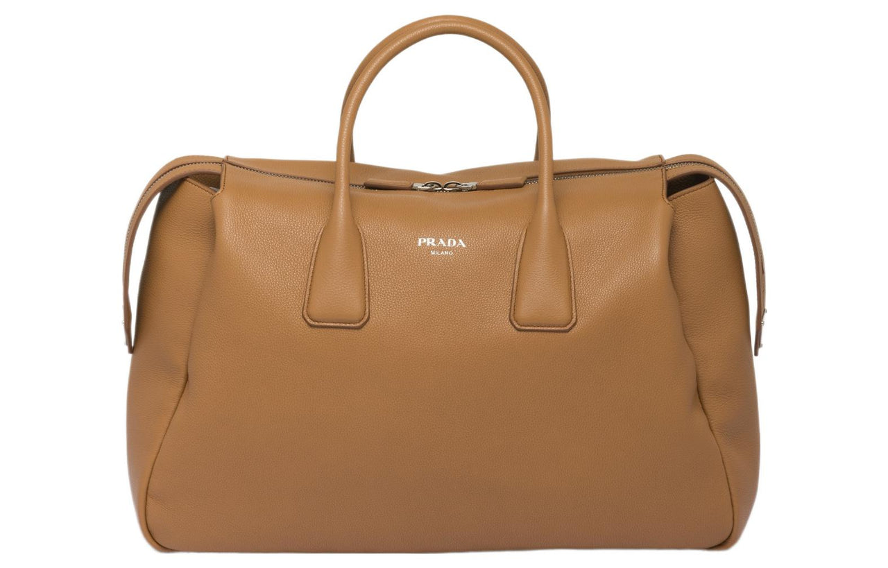 PRADA Leather Portable Travel Bag Men's Caramel