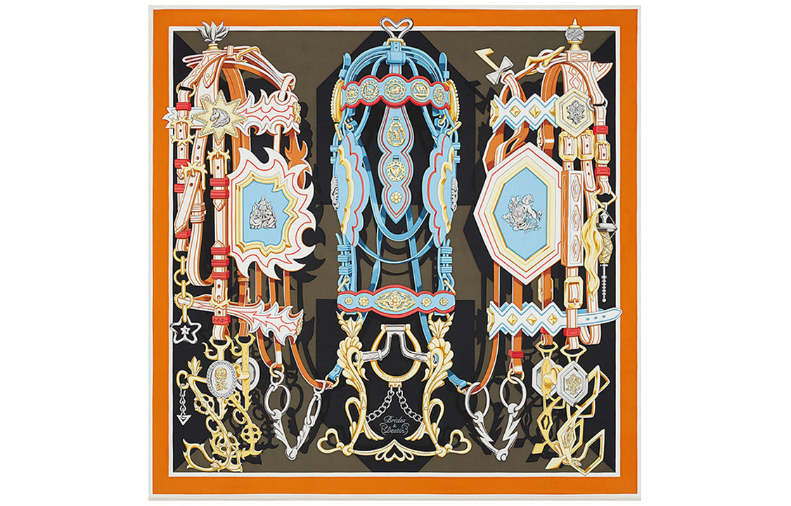 HERMES Silk Scarves Women's Charcoal Gray/Orange