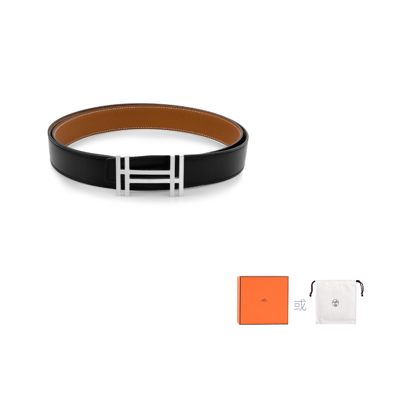HERMES Cow Leather Belt Men's Black/Gold Width: 3.2cm