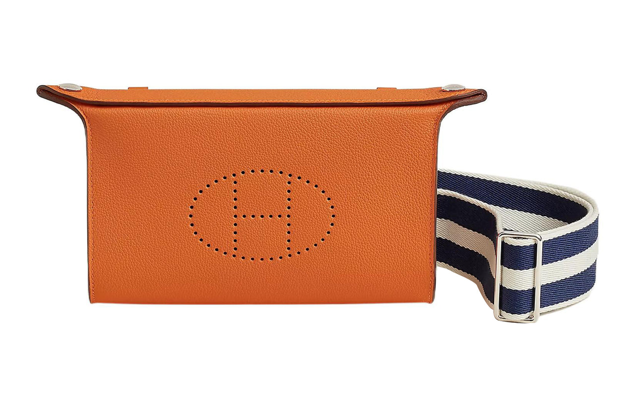 HERMES Videpoches Cow Leather With Canvas Plate Bag Fanny Pack Shoulder Bag Crossbody Bag Men's Orange White