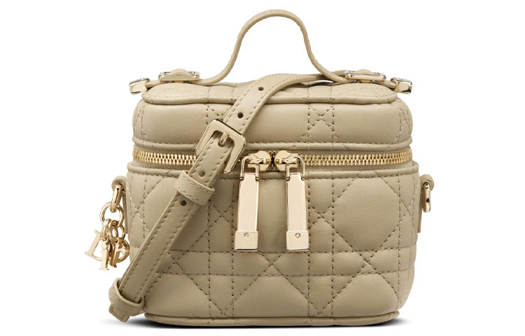 DIOR Lady Dior Wicker Pattern Lambskin Box Bag Portable One Shoulder Crossbody Makeup Bag Mini Women's Beige