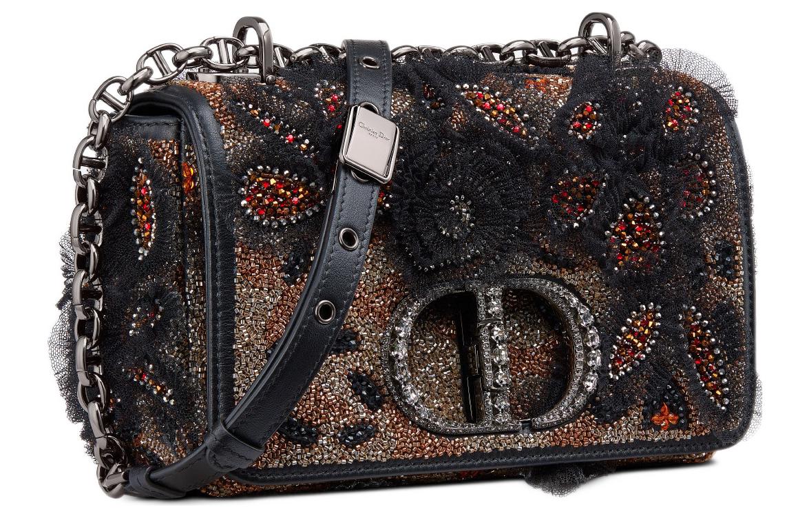 DIOR Caro Embroidered Cow Leather Patchwork Handheld Shoulder Bag Crossbody Bag Small Size Women's Black