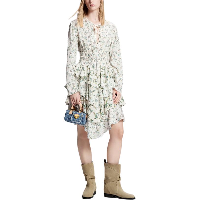 LOUIS VUITTON Floral Print Long-Sleeved Tiered Dress