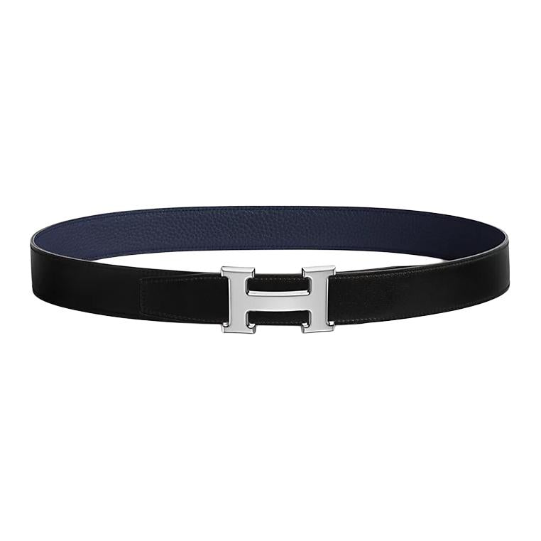 HERMES Brass Calfskin Leather Belts Men's Black/Blue Width  3.2CM