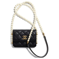 CHANEL Calfskin Card Holder Coin Purse Shoulder Bag Crossbody Bag Necklace Pouch Small Size Women's Black