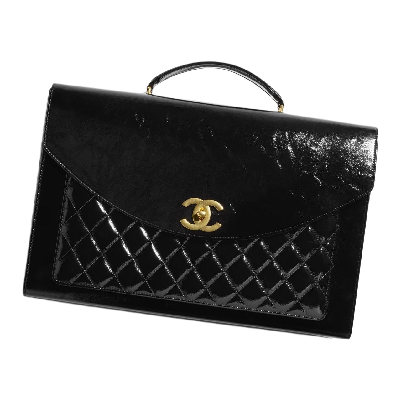 CHANEL Wrinkled Lambskin Patent Leather Briefcases Women's Black
