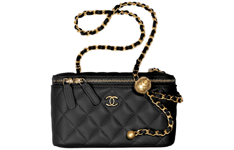 CHANEL Little Golden Ball Sheepskin Clutch Long Box Bag Shoulder Bag Crossbody Bag With Mirror Women's Black
