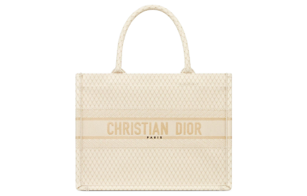 DIOR BookTote Embroidery Tote Bag Shopping Bag Handbag Medium Size Women's Beige