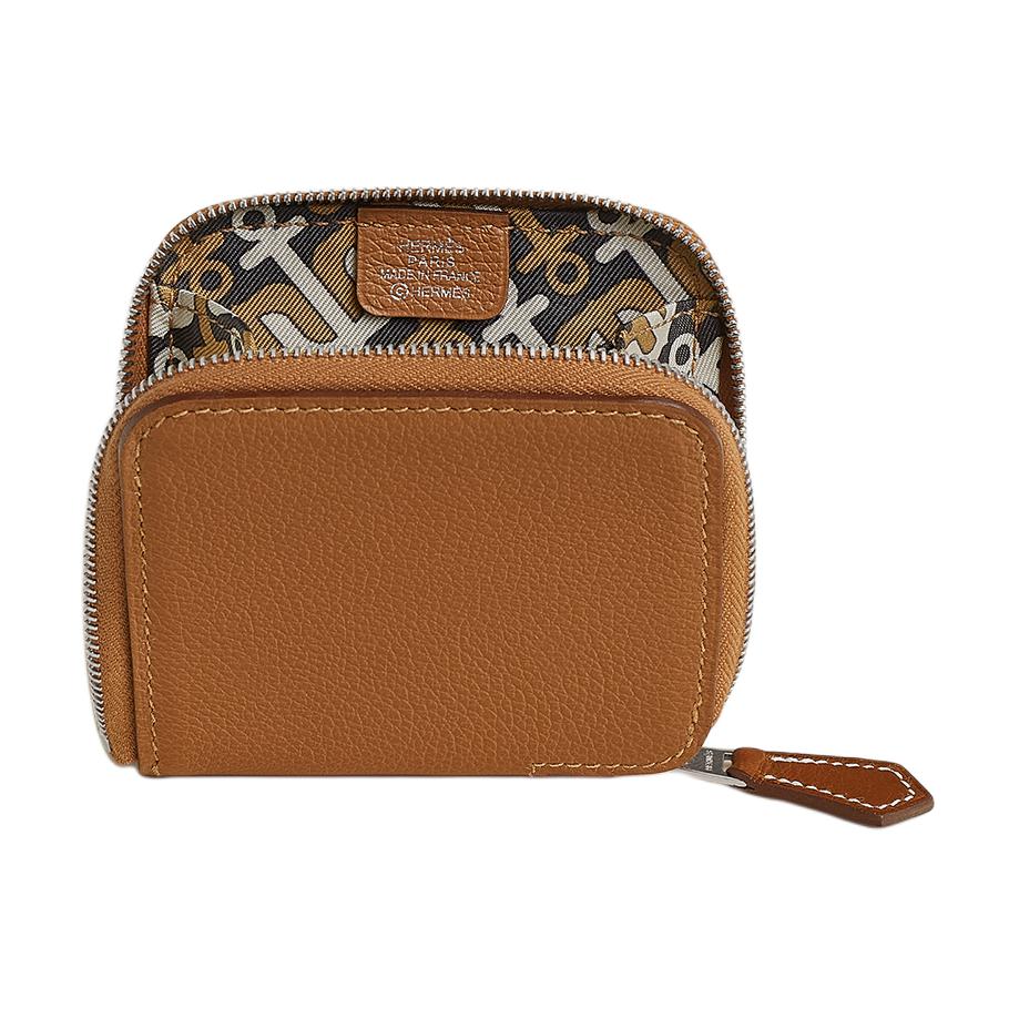 HERMES Silk'In Evercolor Calfskin Coin Purse Women's Gold/Marshmallow Tea Brown/Pink Chalk White