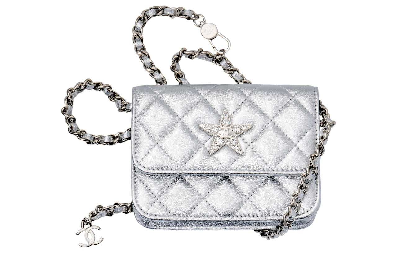 CHANEL Sheepskin Shoulder Bag Crossbody Bag Women's Silver