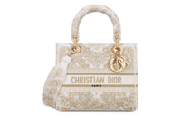 DIOR Lady D-Lite Embroidery Dior Bag Shoulder Bag Crossbody Bag Handbag Medium Size Women's Gold & White