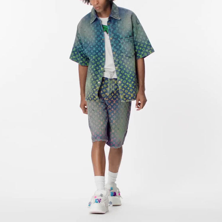 LOUIS VUITTON SS23 Rainbow Monogram Short-Sleeve Denim Shirt Indigo Blue