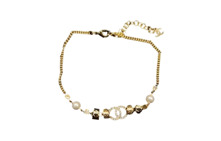 CHANEL Metal Rhinestone Artificial Pearl Necklaces Women's Gold