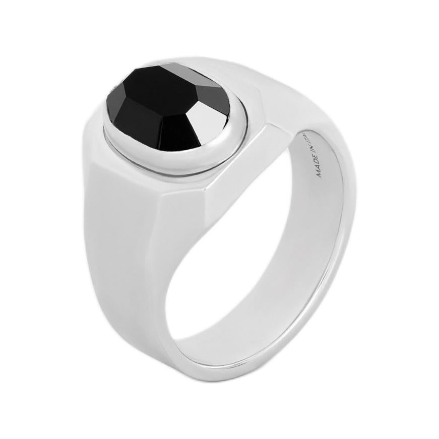 CELINE Bevelled Signet Ring In Onyx And Sterling Silver With Rhodium Finish