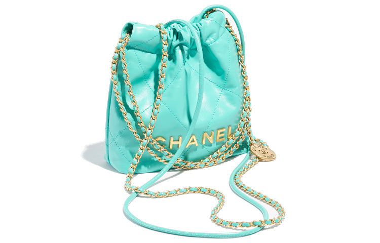 CHANEL 22Bag Shiny Calfskin Bucket Bags Shoulder Bag Crossbody Bag Women's Turkish Blue